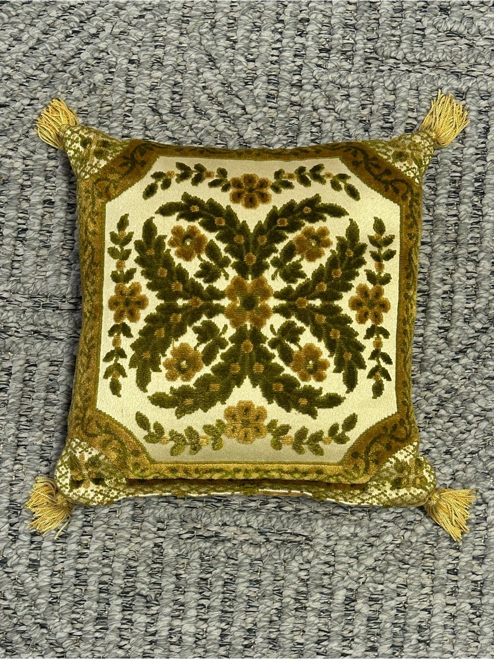 Vintage Floral Chenille Throw Pillow Olive Green Gold Velvet Tassels 10”